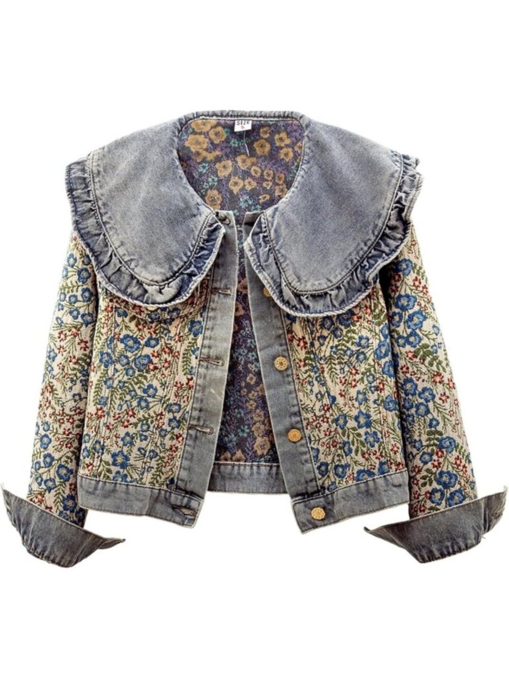 Versatile Women's Denim Jacket with Peter Pan Collar & Embroidered Details, Long